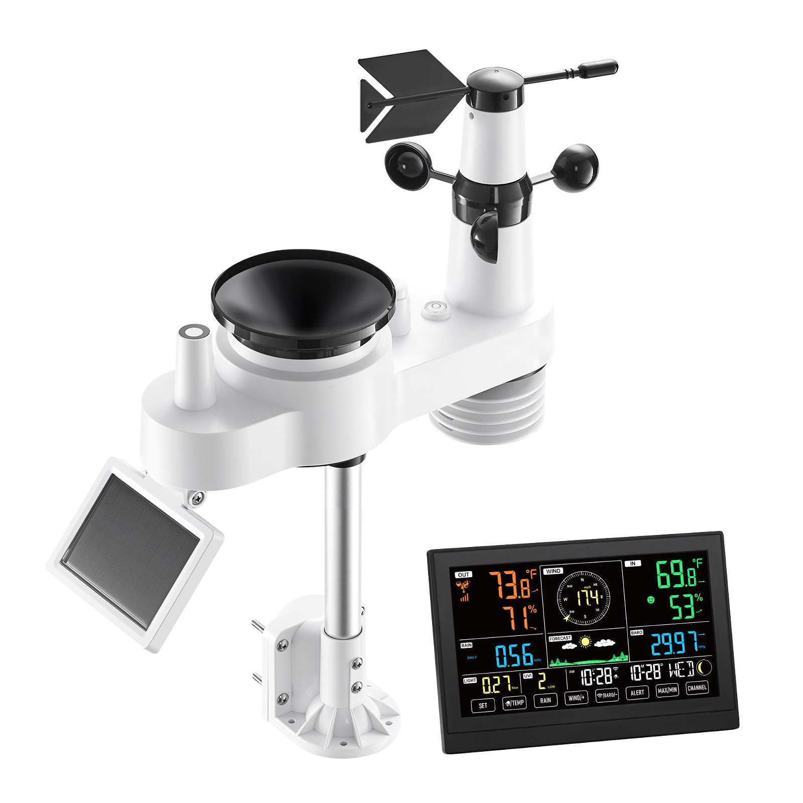 SucceBuy 7-in-1 Wi-Fiステーション気象＆アプリ制御、7.5インチVAディスプレイ、ソーラーパワーセンサー、屋内・屋外天気予報