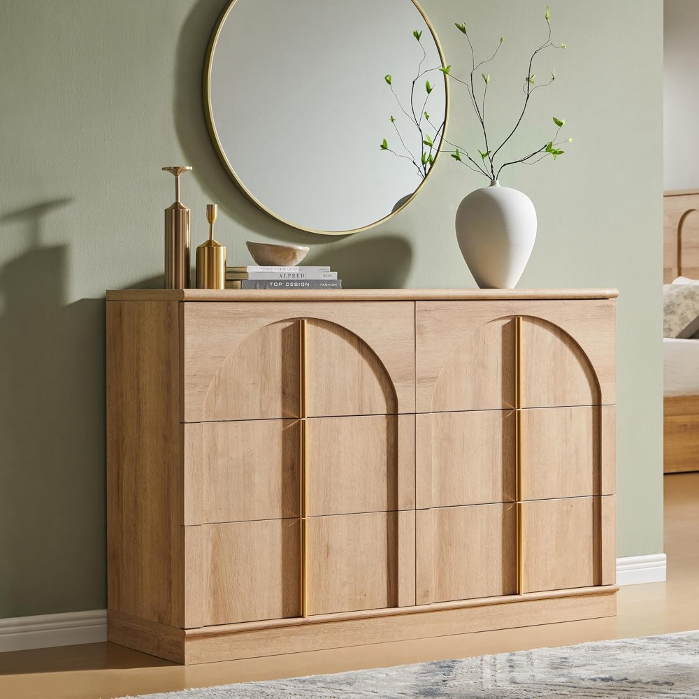 Arched Dresser for Bedroom with 6 Drawers, 47.3" Wide Modern Chest of Drawers with Rounded Edge & Metal Handles, Customized