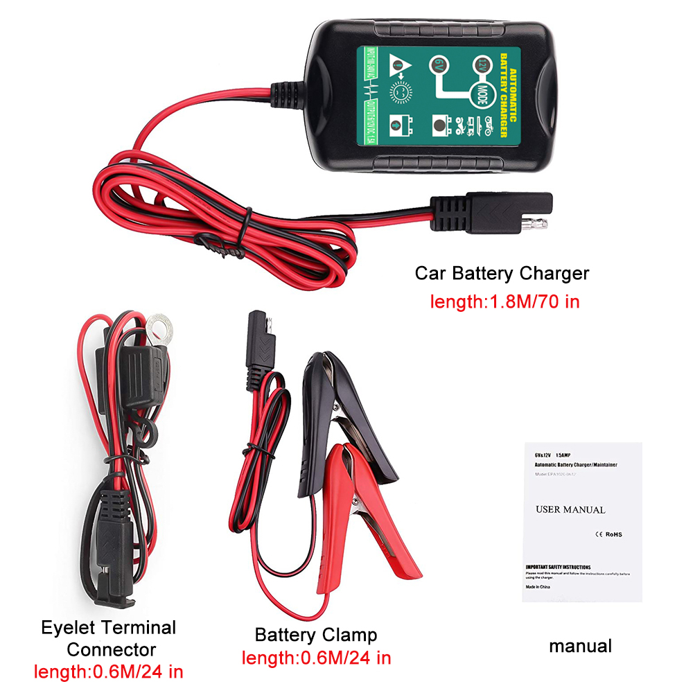 1.5A Smart 6V/12V Battery Charger Automatic Trickle Maintainer Repair Charger for Auto Motorcycle Lead Acid Battery