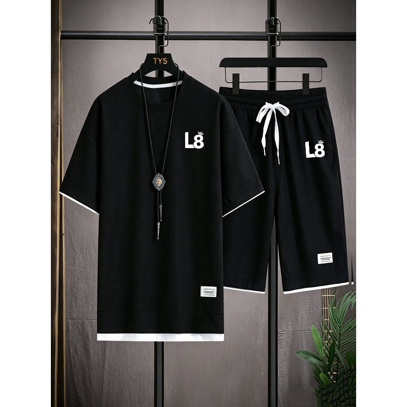 2026 新しいメンズワッフル 2 ピースストリートウェアセット巾着ウエストショーツファッションプリント Tシャツマルチカラー