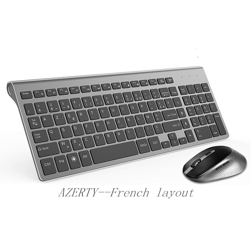 AZERTY--フランス語レイアウトのワイヤレスキーボードとマウス、人間工学に基づいたデザイン、フルサイズの数字キー付き。2400 DPI 安定した接続。グレー