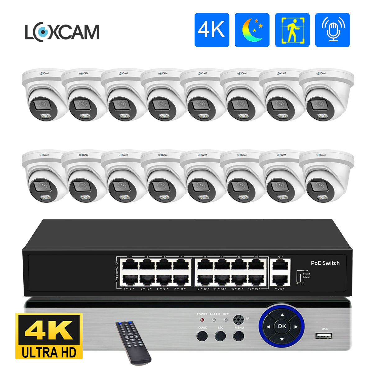 16CH 4K POE CCTV システム NVR キット 8MP AI 人間検出屋内/屋外カラーナイトビジョンセキュリティカメラビデオ監視セット