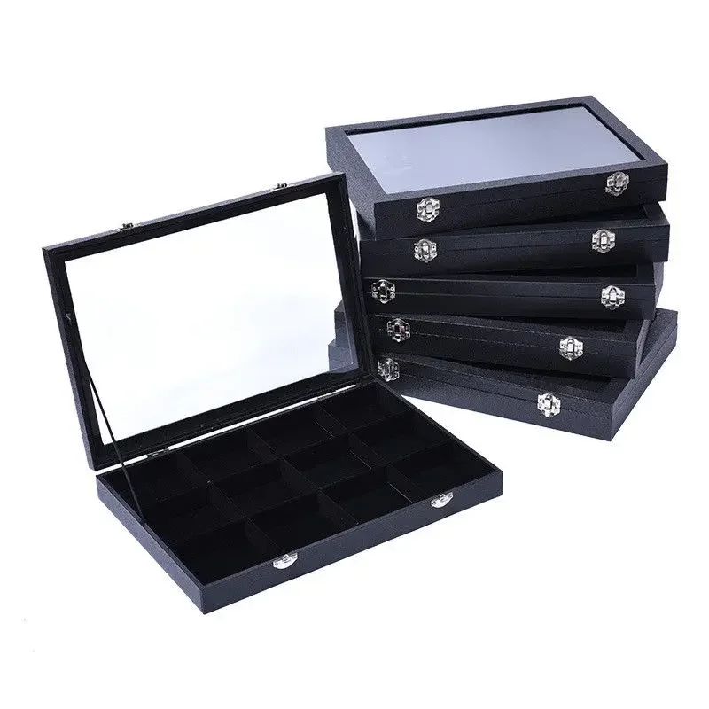 ハード Balck PU ジュエリーボックスガラスカバー付き収納リングイヤリングブレスレットネックレスディスプレイオーガナイザー収納ケースボックス