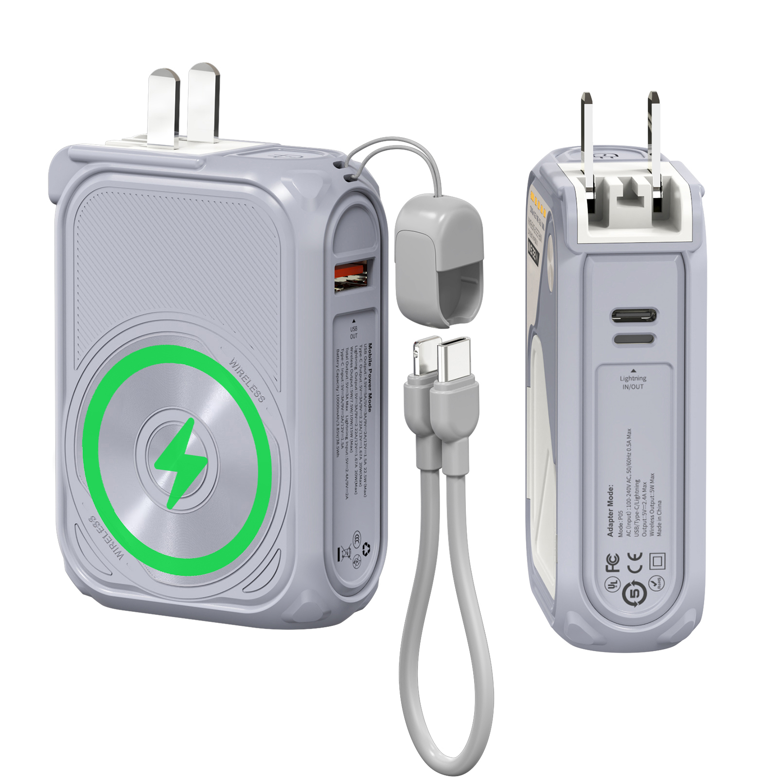 PD 22.5W 急速充電 10000mAh 磁気ワイヤレスパワーバンク USB Type-C 取り外し可能なデータケーブル電話ホルダー緊急パワーバンク