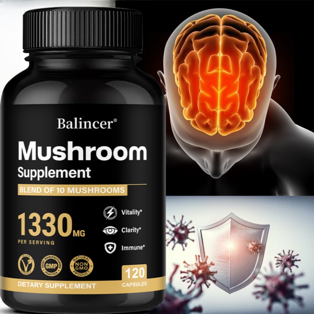 Mushroom Complex Capsules, for Focus Support & Immune Health, Improve Memory, Protect Brain Nerves, Relieve Stress, Non-GMO
