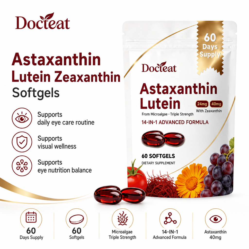 Docteat アスタキサンチン ルテイン ゼアキサンチン ソフトジェル 60 CT 微細藻類由来 14-IN-1 高度なフォーミュラ、ビタミン B12 とセレンを配合