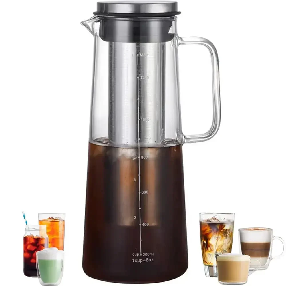 ガラスコーヒー水出しメーカーポット ステンレススチールフィルター付き 取り外し可能 アイスコーヒー 水出し茶ジュース ホーム オフィス キッチン用