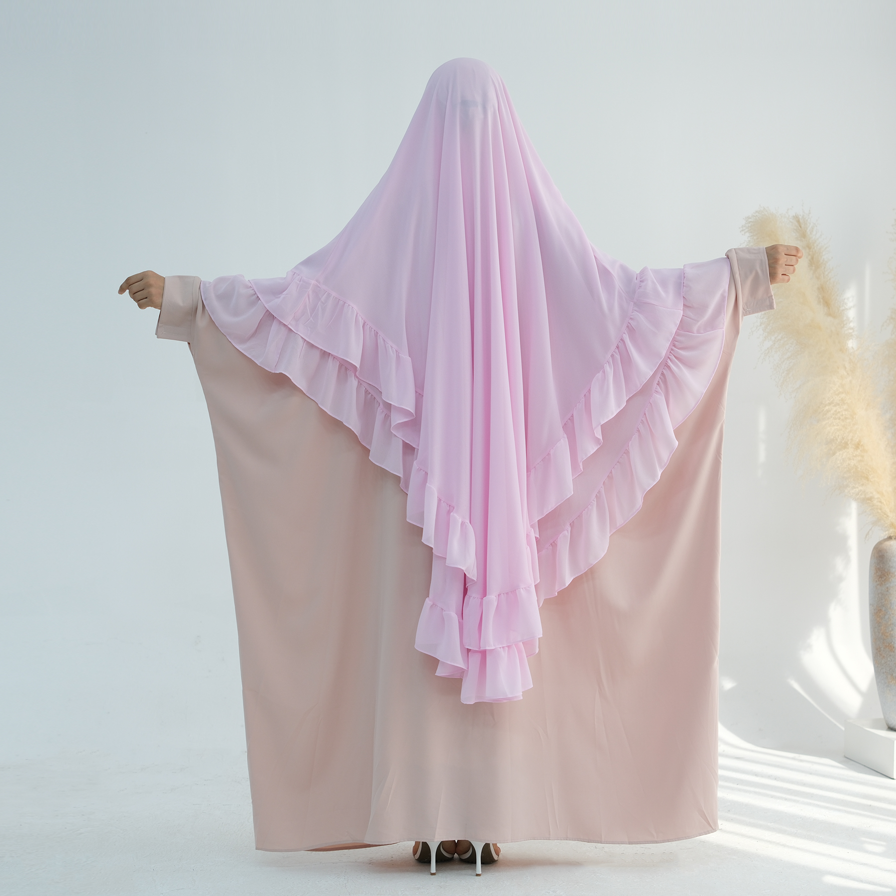 イードオーバーヘッド Khimar 2 層ヒジャーブイスラムイスラム教徒女性トップス頭飾りトルコドバイ Niqab Nikab 祈り衣服ラマダンスカーフ