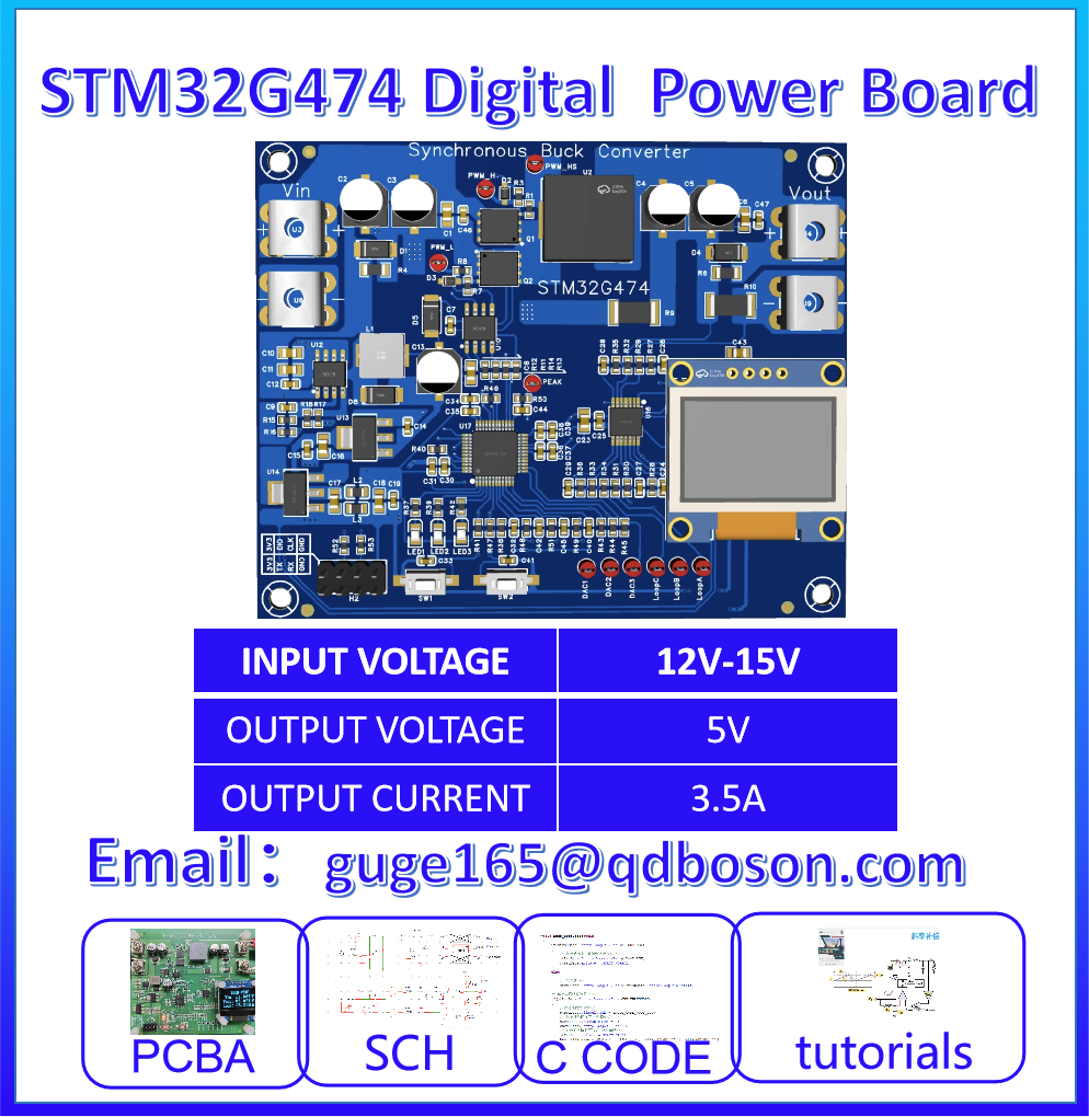 STM32G474 デジタル制御同期降圧デジタル電源 PCB、PCBA、コード、SCH、チュートリアル、e を含むオープンソース資料
