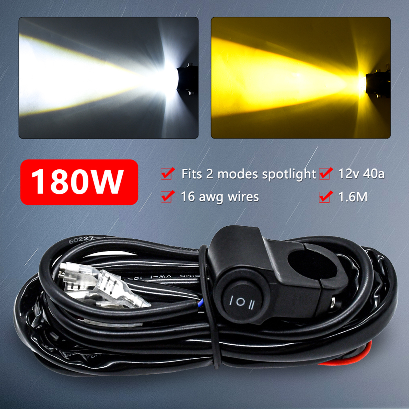 LED Light Bar Wiring Harness Kit, 180W 3 Leads 16 AWG LED Motorcycle Wiring Harness with 12V 40A Relay and Control Switch for Sw