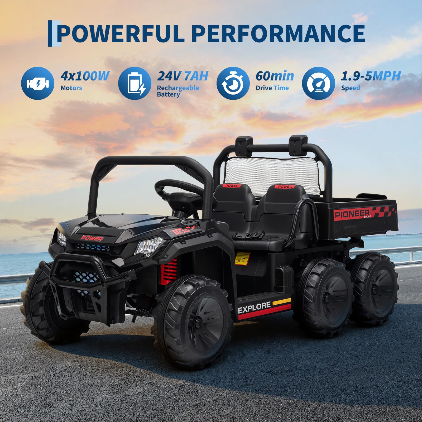 24V 4WD 全地形子供用ダンプトラックに乗る親用リモコン 3 スピード 2 人乗りオフロードおもちゃの車男の子女の子用