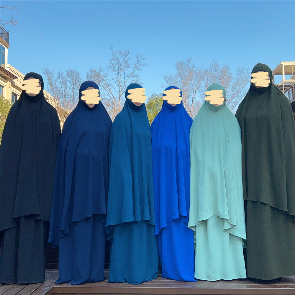 ラマダンイードフード付きアバヤイスラム教徒の女性の祈りの衣服オーバーヘッドキマールカフタンイスラムニカブスカート 2 枚セットローブカフタンドレス