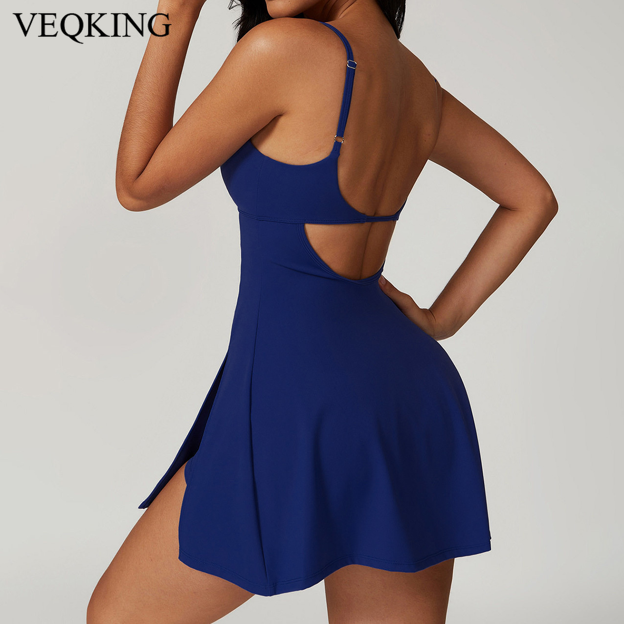 VEQKING 夏裸の感触女性ヨガセットワンピーススポーツショーツジャンプスーツ中空バックジムボディスーツ Tennies スカート & ロンパース
