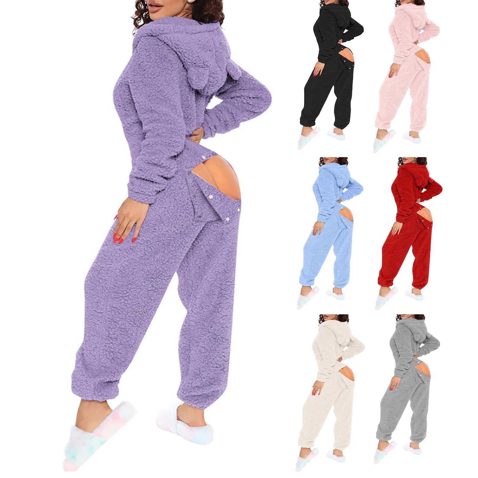 セクシーな長袖ぬいぐるみカバーオール付き帽子オープンデザインホーム服女性用肥厚ホーム服かわいいとふわふわカバーオール