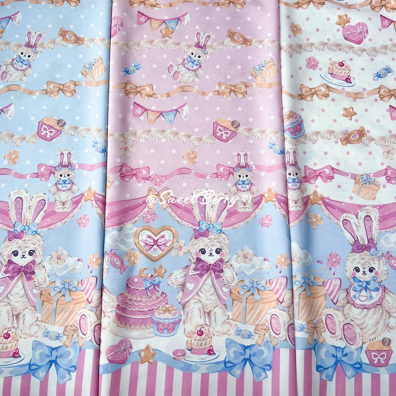 「Bunny Birthday Party」ロリータプリント生地 - DIY JSK ドレス、カーテン用のスイートテーマのコットン