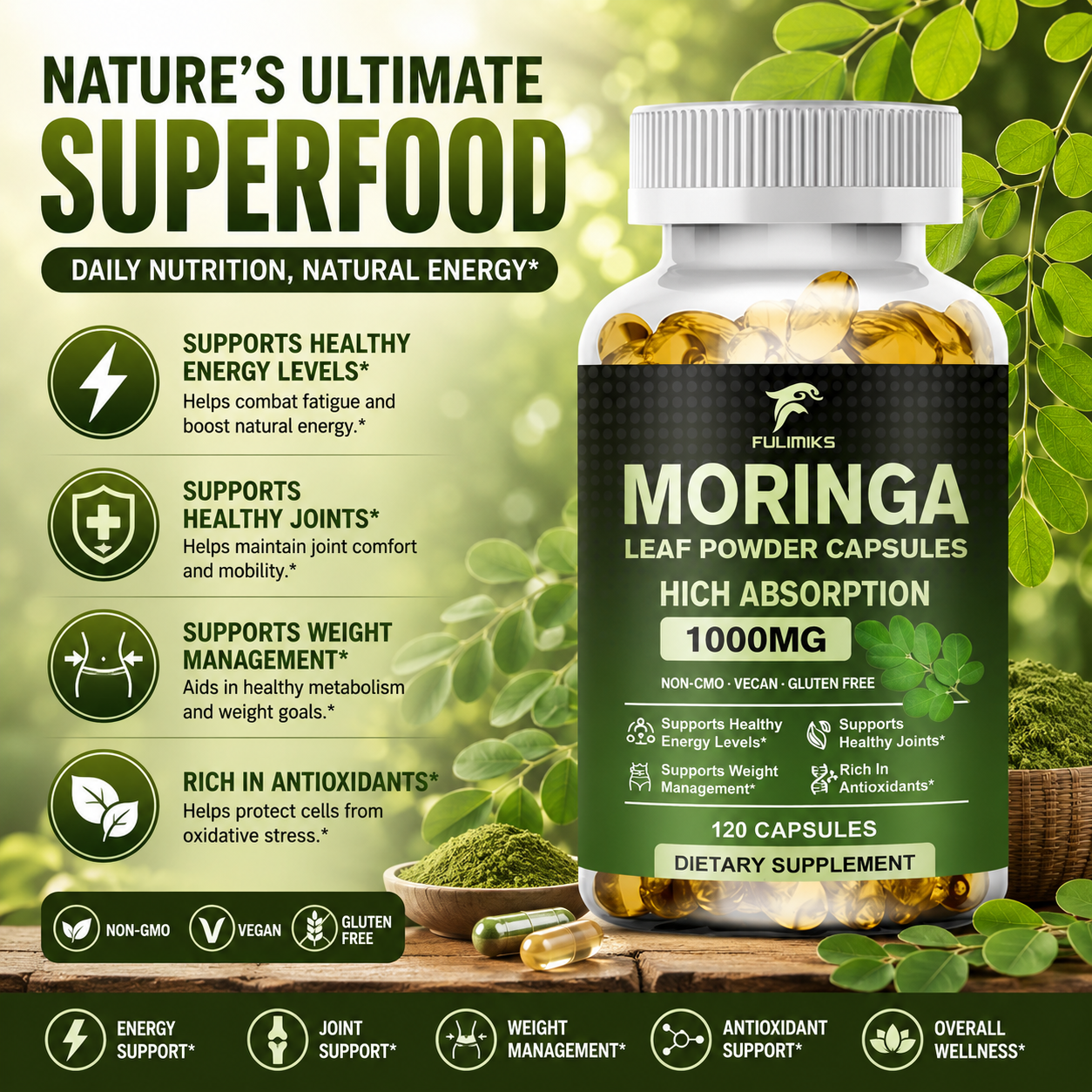 高吸収モリンガ オレイフェラ 1000mg カプセル、免疫、代謝、スキンケア、エネルギーをサポート