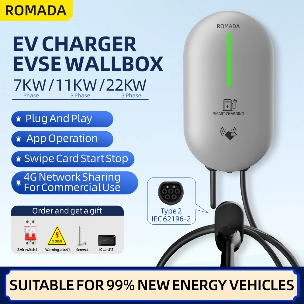 ROMADA EV 充電器 IEC62196 Type2 EVSE ウォールボックス 32A 7 KW 1 相アダプタ Bluetooth APP 制御電気自動車車用 CE 付き