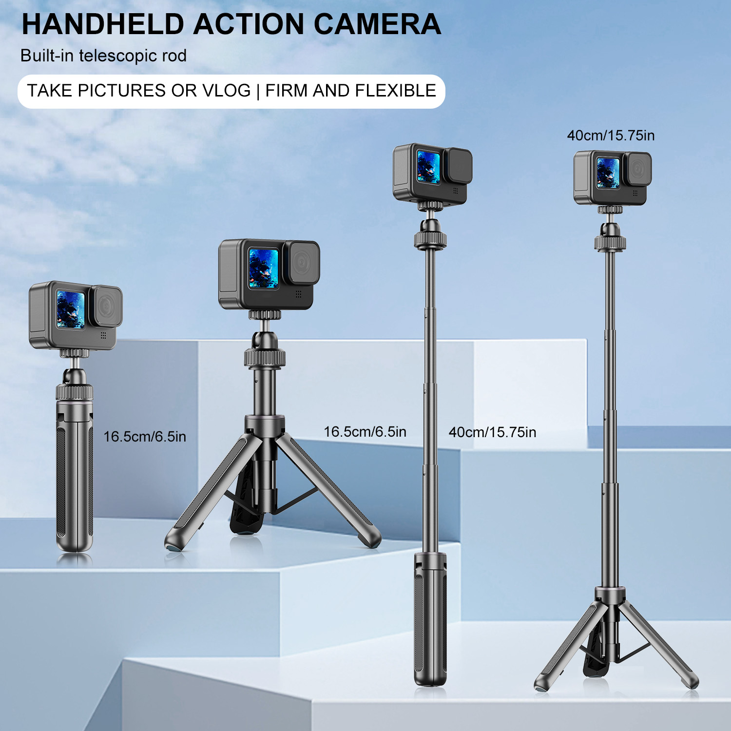 2-in-1 拡張可能な自撮り棒三脚 GoPro DJI アクション カメラ用 ポケットサイズの携帯性