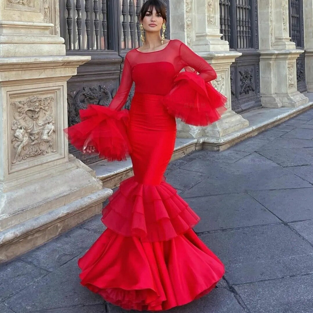 Red Mermaid Formal Occasion Dresses 2025 Long Luxury Tiered Long Party Dress Long Sleeves Sexy Evening Gowns فساتين مناسبة رسمية