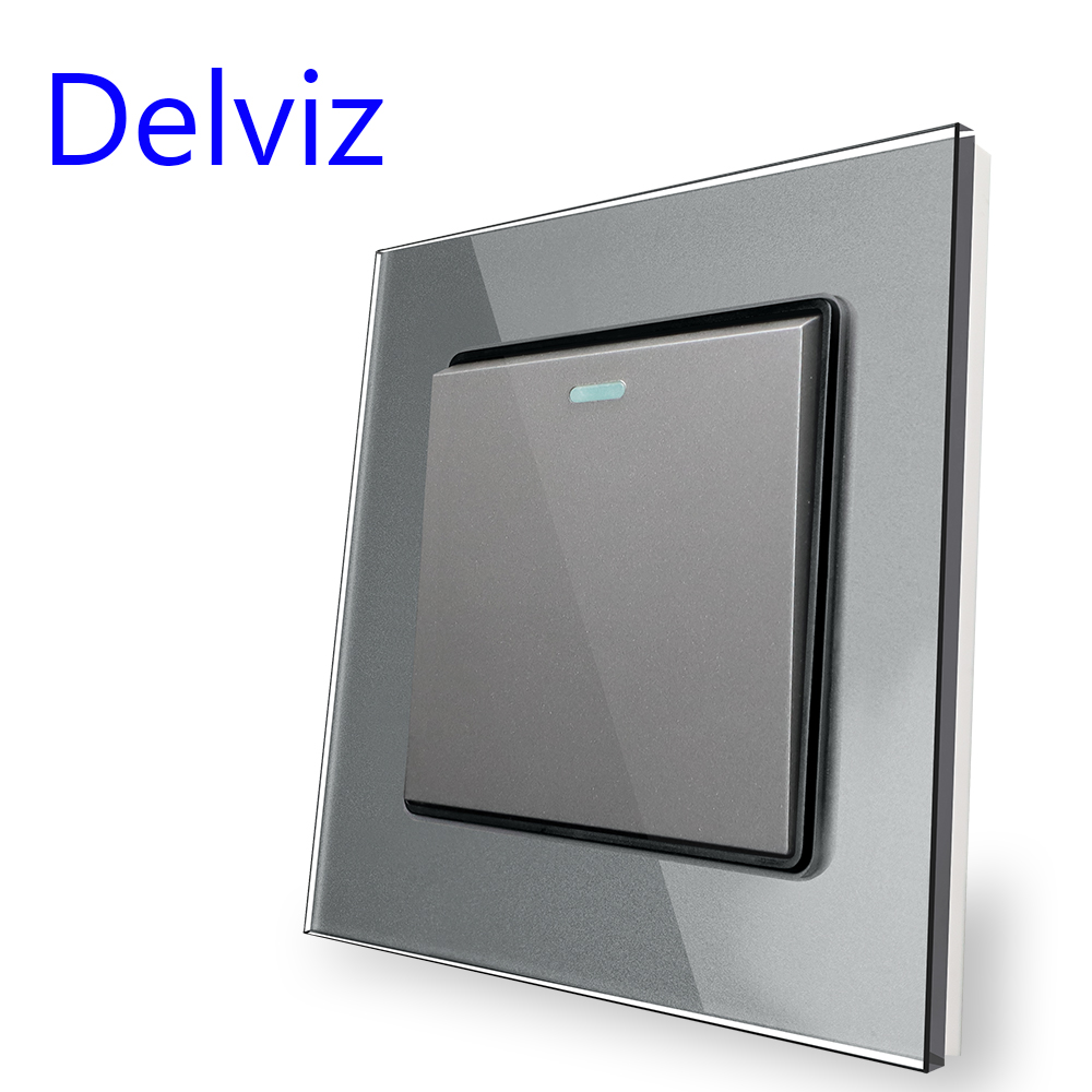 Delviz 強化ガラススイッチ、グレークリスタルパネル 16A 壁電源ソケット、AC 110V-250V 86mm*86mm、1 ギャング 2 ウェイプッシュボタンスイッチ