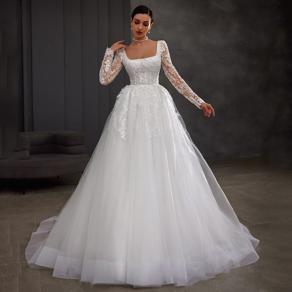 女性のウェディングドレス Vestidos デノビアカスタマイズ長袖スクエアネックビーズアップリケグリッターチュール A ラインの花嫁衣装
