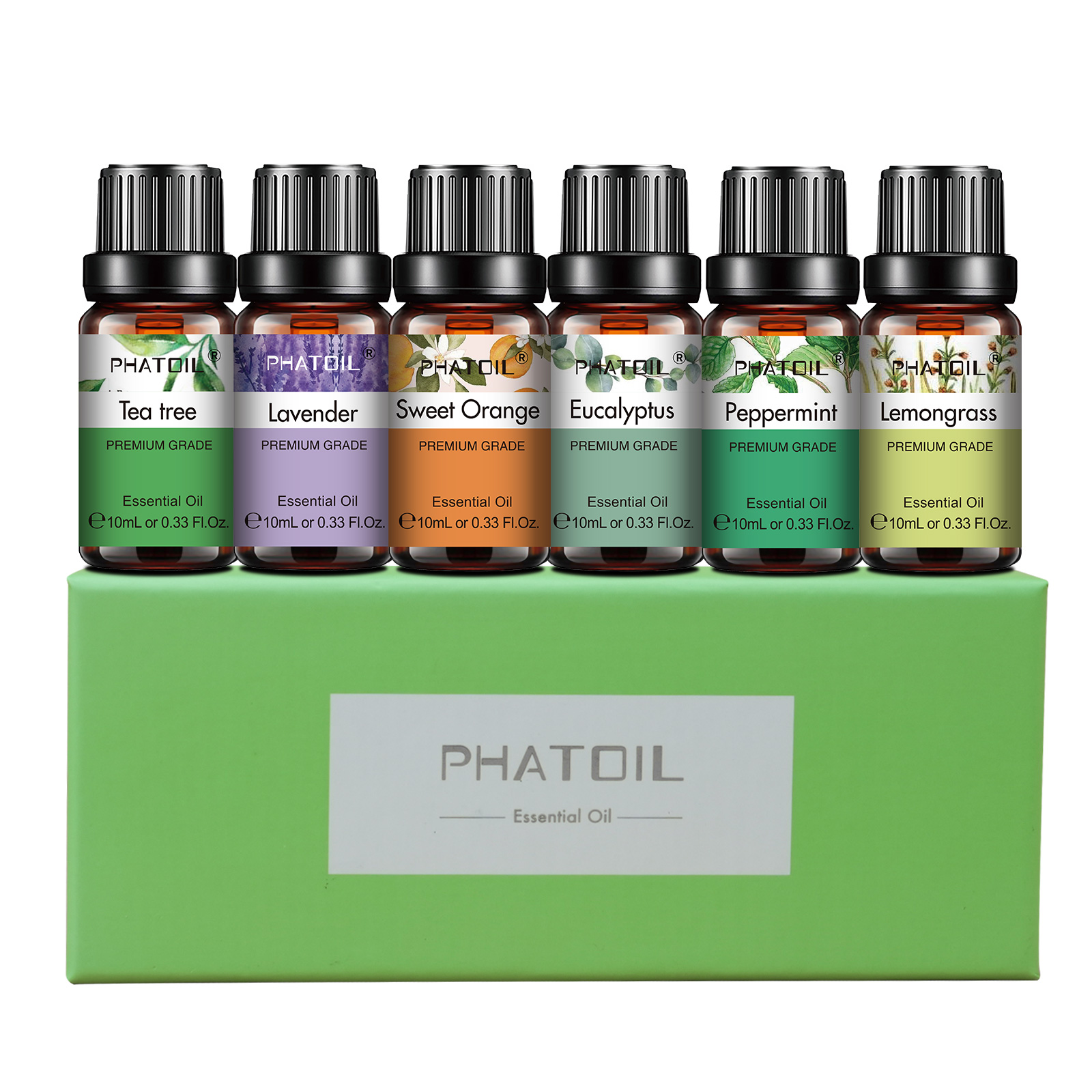 PHATOIL 6 ボトル エッセンシャル オイル セット アロマセラピー用、ディフューザー-10ml ラベンダー、ユーカリ、ペパーミント、ティーツリー、レモングラス、オレンジ