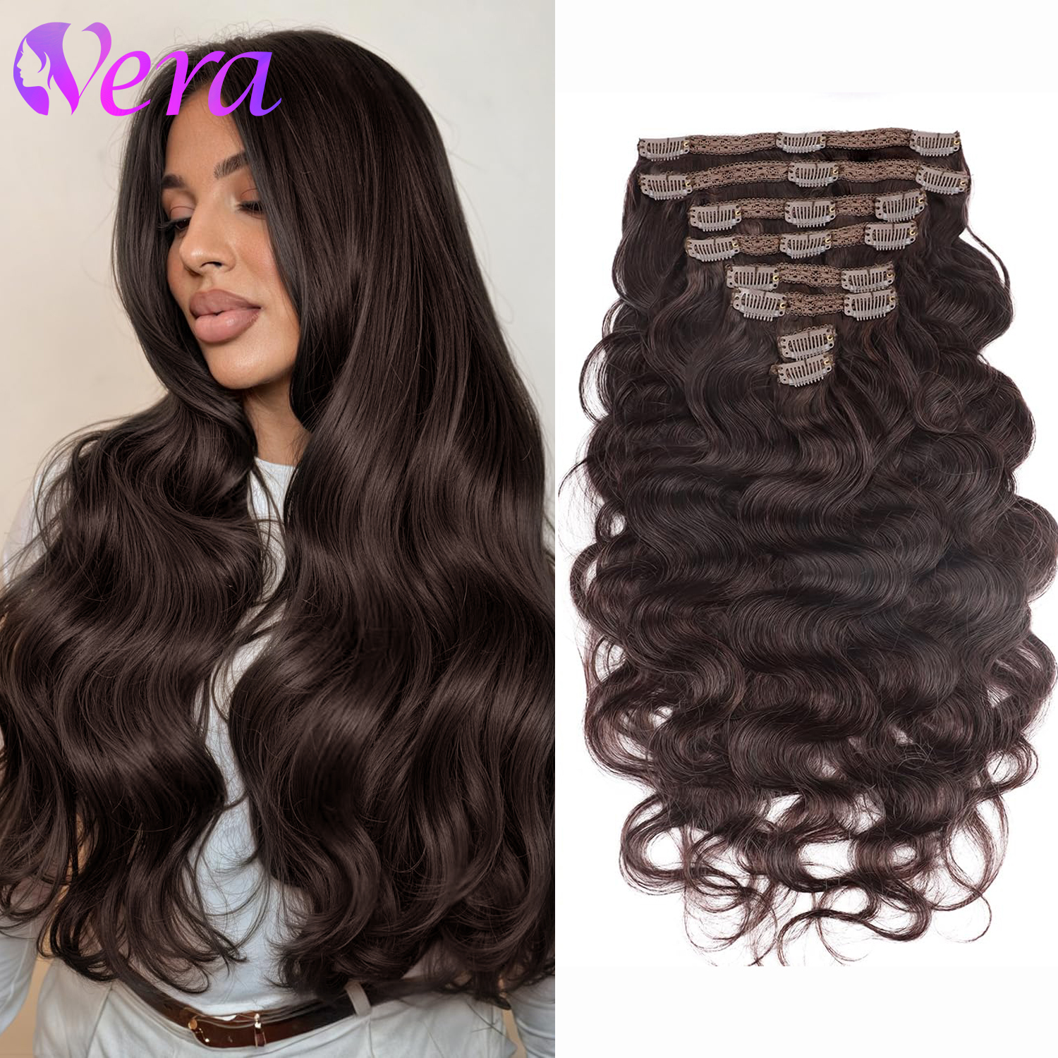 ブラウン実体波クリップインヘアエクステンション本物の人毛 16-26 インチチョコレートブラウンクリップイン人毛 120 グラム 8 個クリップイン