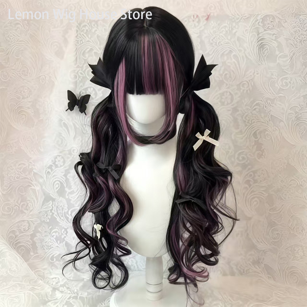 黒ウィッグとピンクのコスプレウィッグ前髪ロリータロング巻き毛ウィッグ女性パーティーコスプレかつら自然耐熱