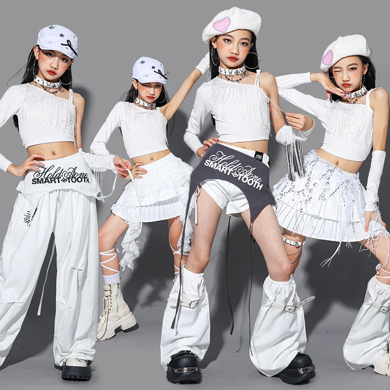 女の子 K-POP クロップトップス白ジョガーパンツ子供ヒップホップストリート衣装子供ティーンジャズガールグループストリートダンス服セット