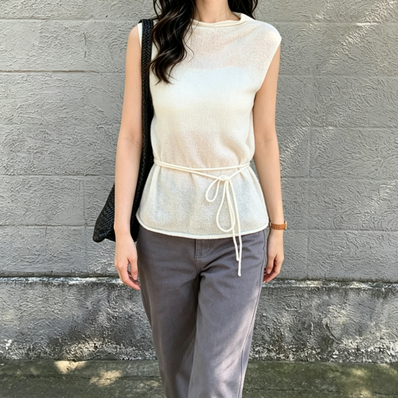 Karofi 女性白薄手のノースリーブニットベストラウンドネック巾着ウエスト中空タンクトップカジュアルレイヤリングチョッキ T508