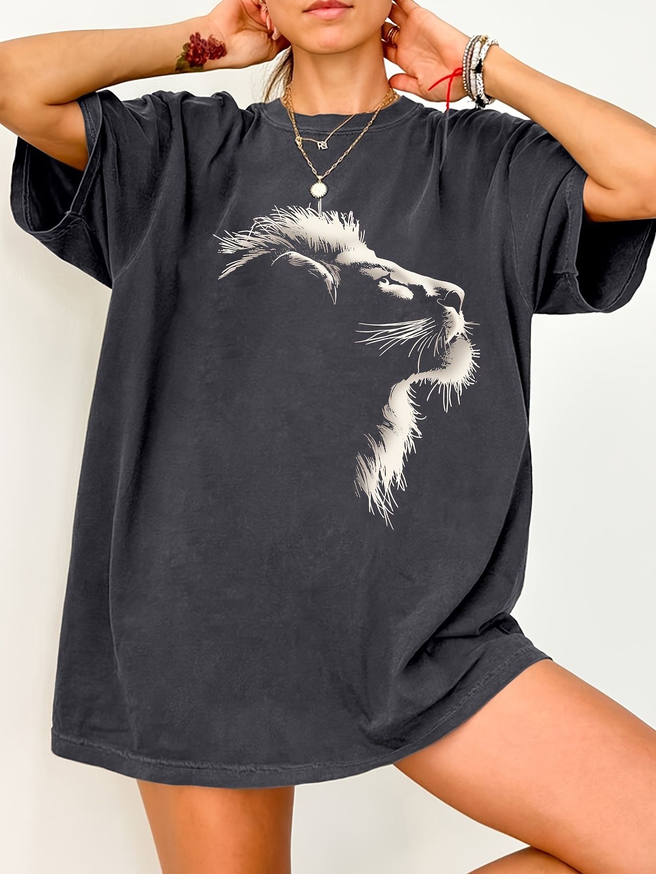 レディース プラスサイズ レトロ Tシャツ ライオンデザイン コットン 通気性 ファッショナブルで多用途 ユニセックス ストリートウェア オーバーサイズ