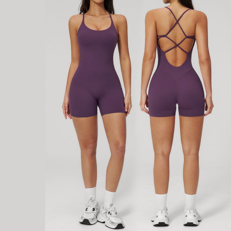 背中の開いたヨガ衣装フィットネスダンスジャンプスーツヒップリフティングジム服わずかにフレアワンピースセクシーな衣装ボディスーツ女性