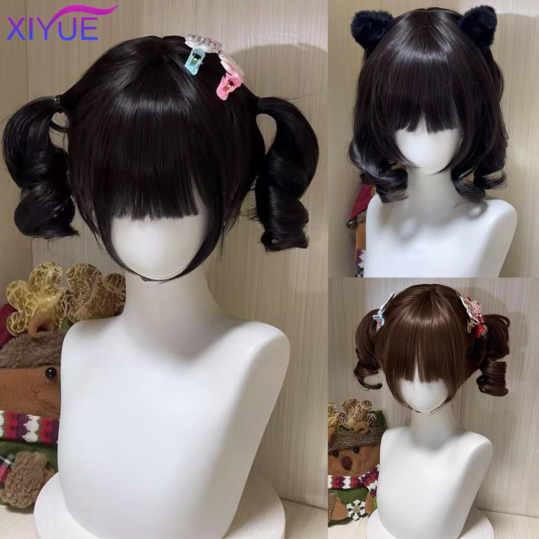 ショートカーリーツインポニーテール合成かつら前髪コスプレロリータパーティーシックな女の子プリンセスブラウンブラックショート耐熱毛