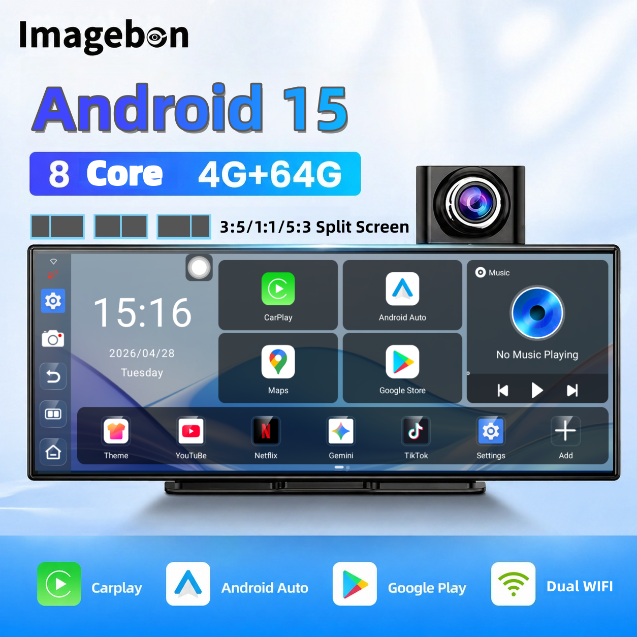 Imagebon 11.4" Android 15 8 Core 4G+64G  Dual WIFI Camera DVR AI Split Screen Wireless Carplay Android Auto Dash Cam Rear Mirror