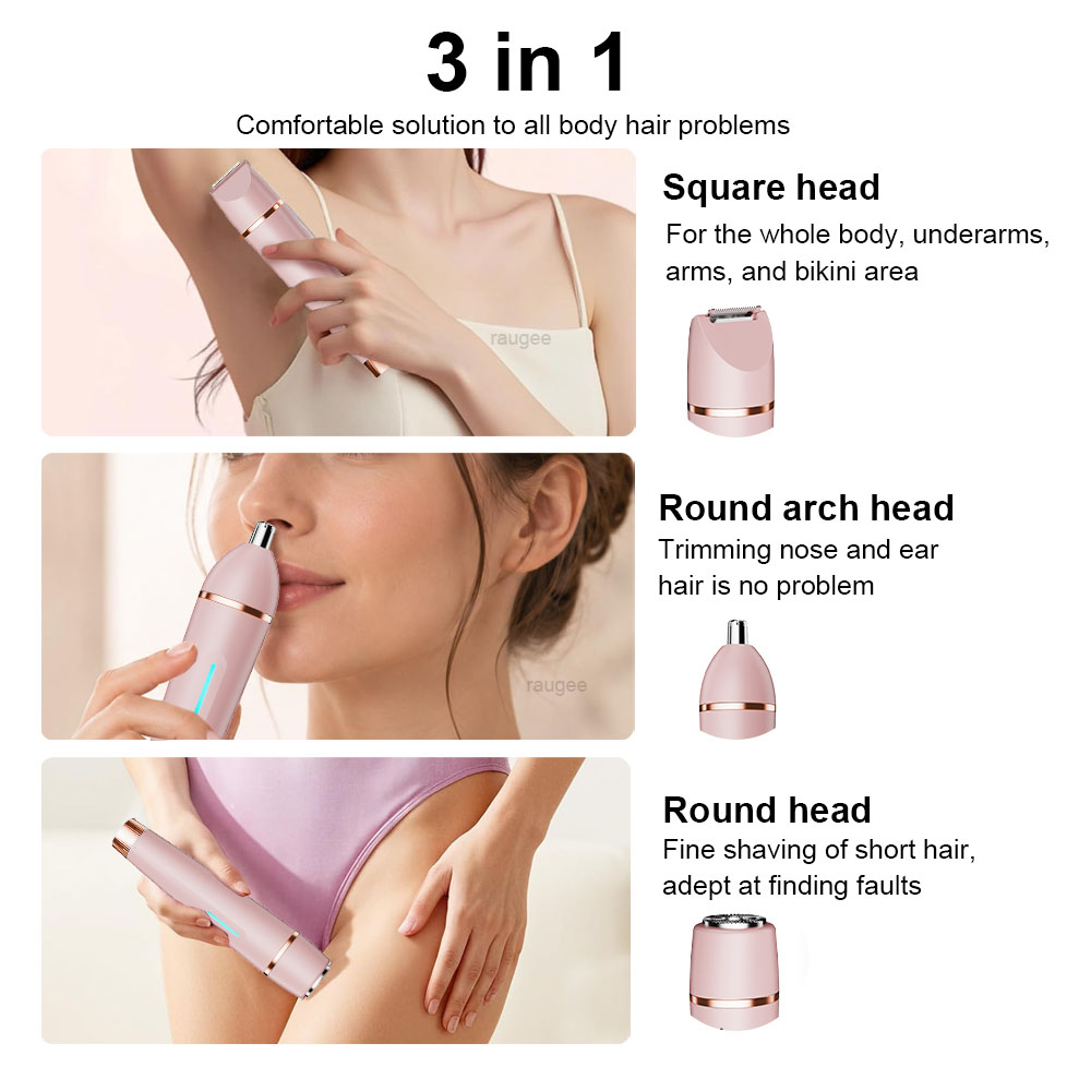 女性用 3-in-1 電気ヘアトリマー脱毛器充電式無痛シェーバー鼻眉毛脇脚全身脱毛用