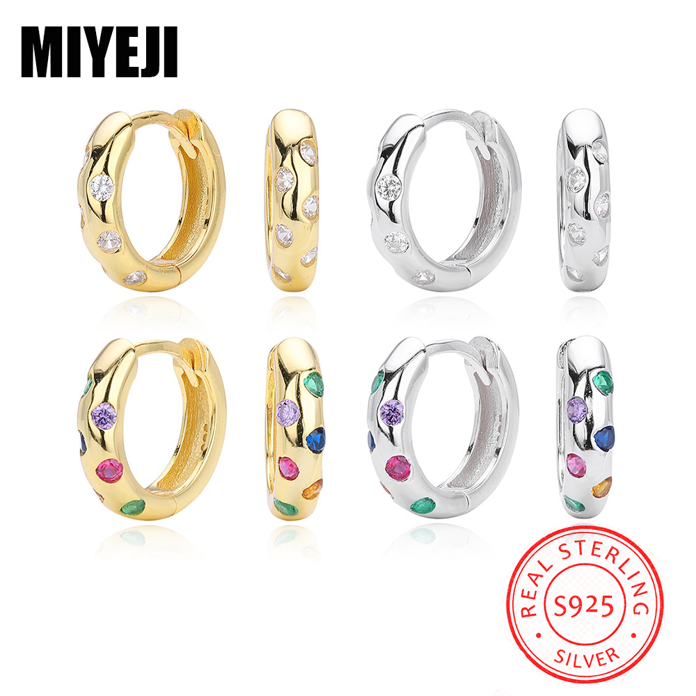 MIYEJI リアル S925 スターリングシルバーカラージルコンラウンドミニフープイヤリング女性パーティートレンディな多用途ファインジュエリーアクセス可能