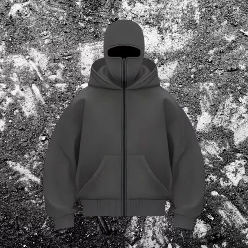 スウェットシャツとフード付きフェイスマスクジッパーデザインメンズバラクラバジップパーカー秋冬暖かいスポーツジャケットアウトドアアクティビティ