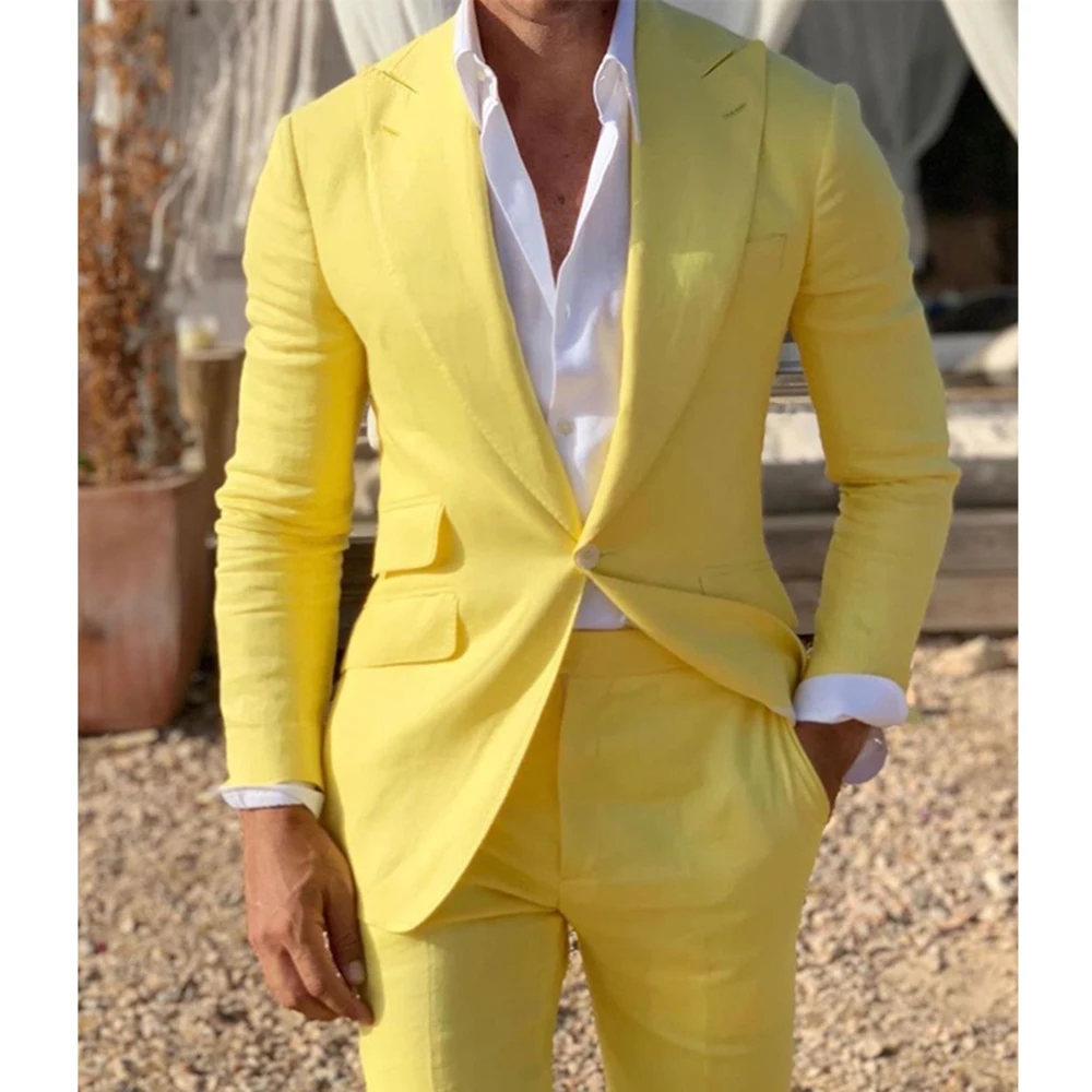 イエロービーチ男性スーツスリムフィット 2 ピース結婚式新郎タキシードピークドラペルジャケットスーツ男性ファッション衣装ブレザーパンツ
