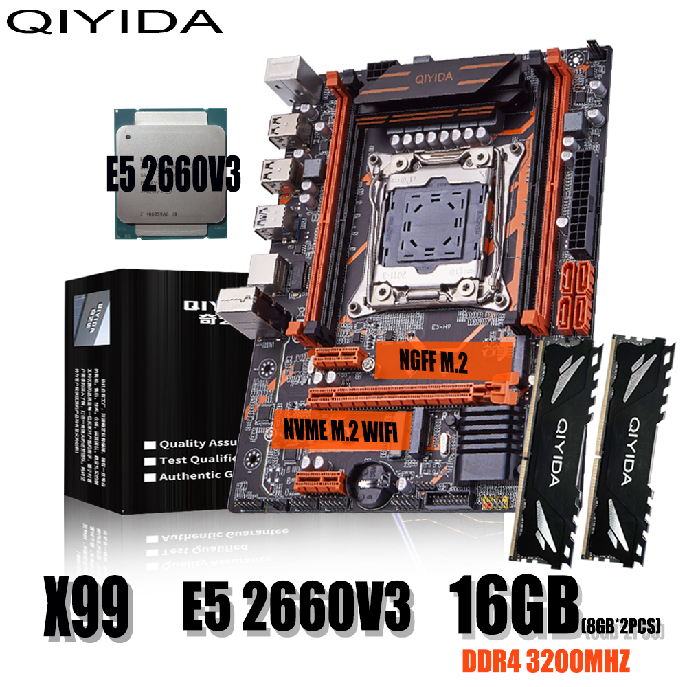 Qiyida X99 motherboard set LGA2011-3 E5 2660V3 2pcs*8gb=16GB 3200MHz DDR4 4 channels SATA 3.0 nvme M.2 E5 H9