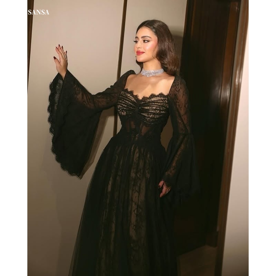 Sansa Customized Black Bell Sleeves Strapless Prom Dresses Lace فساتين للمناسبات الخاصة Floor-Length A-line vestidos de festa