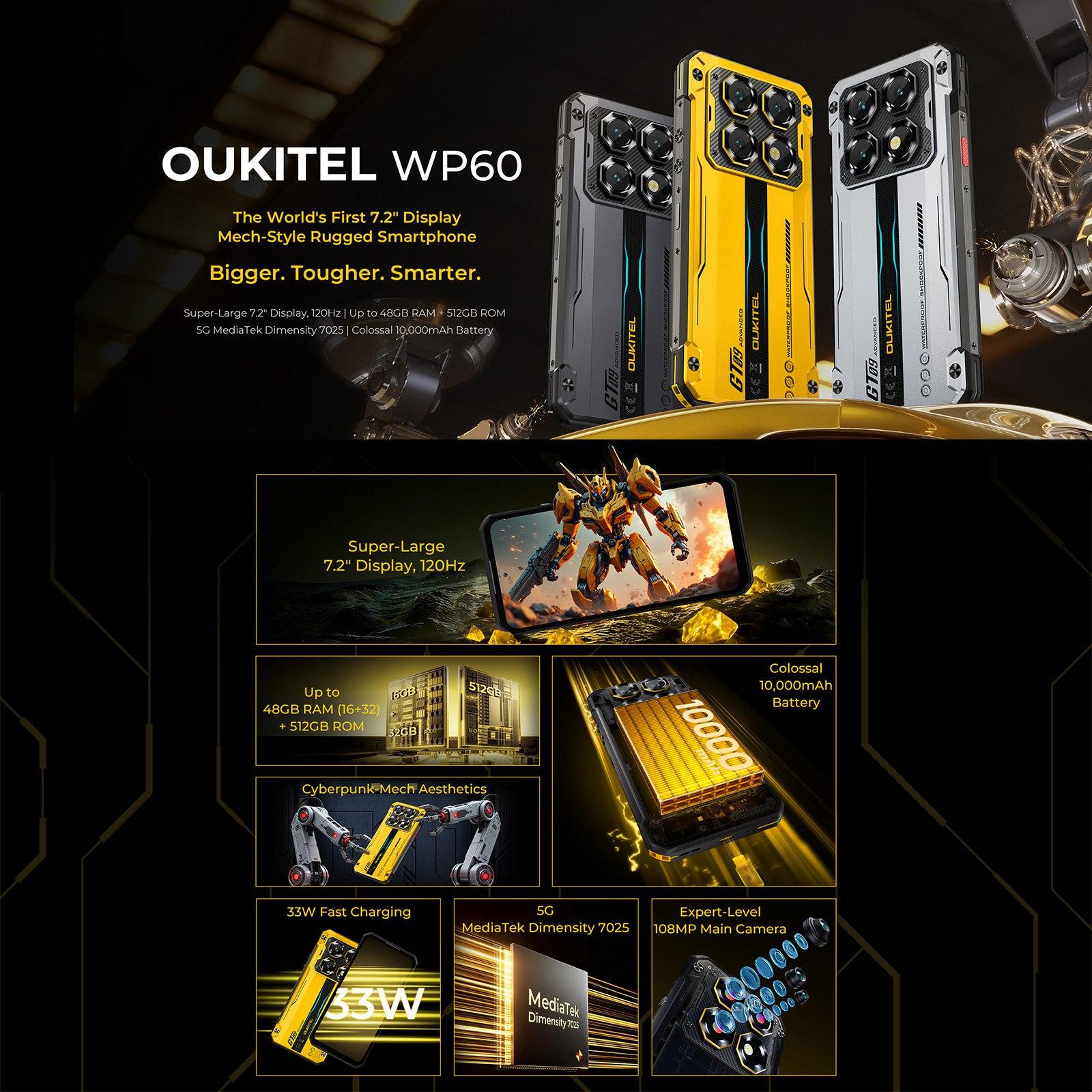 Oukitel WP60 頑丈な電話 48GB(16 32) 512GB ナイトビジョンサイド指紋認証 7.2 インチ HD ディスプレイ Android 15 MTK 7025 NFC 5G 携帯電話