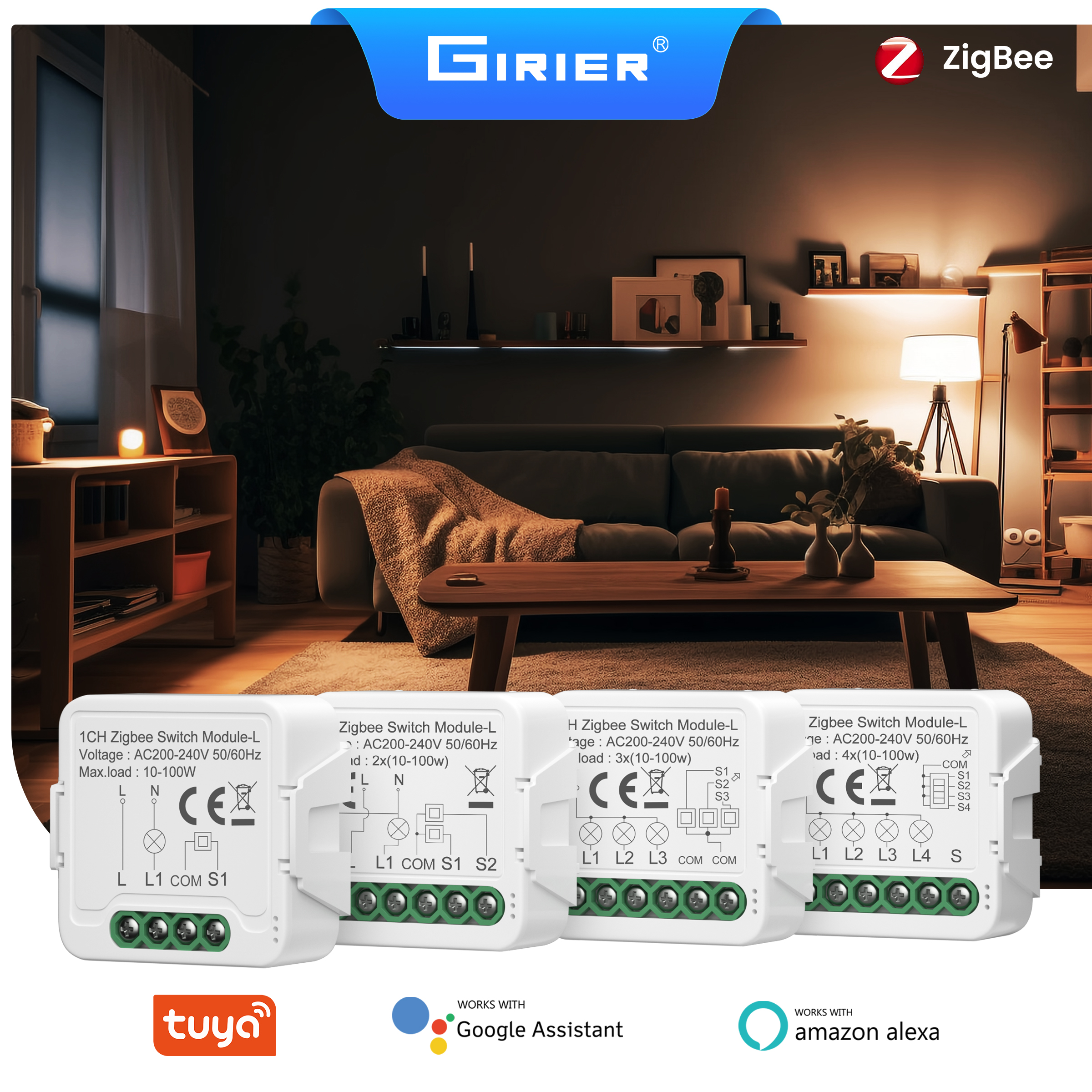 GIRIER Tuya ZigBee 3.0 スイッチモジュール 中性線不要 ホームユニバーサルブレーカーリレー 1/2/3/4CH サポート 2 ウェイコントロール Alexa