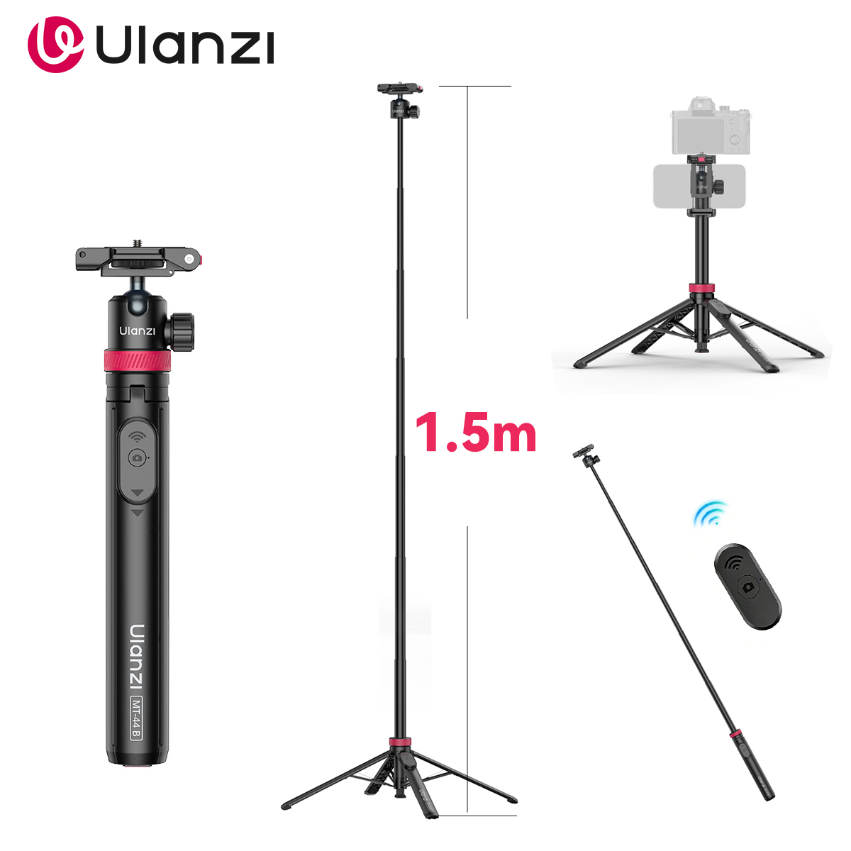 Ulanzi MT-44 B ユニバーサル電話三脚 1.5M デュアルカメラセットアップ Selfie スティック ワイヤレス Bluetooth 付き Sony Canon iPhone Xiaomi 用
