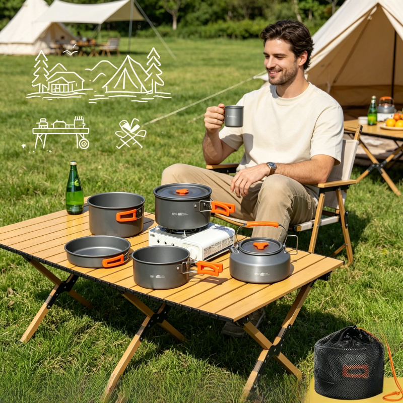 10 個超軽量アルミキャンプ調理器具セットポットケトルポータブル食器収納袋アウトドアクッキング