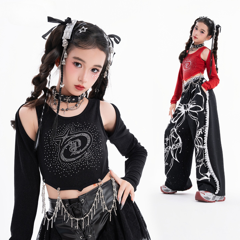 新しいヒップホップダンス衣装女の子のためのクールな K-pop パフォーマンス服グループストリートダンス衣装長袖トップだぶだぶのパンツセット