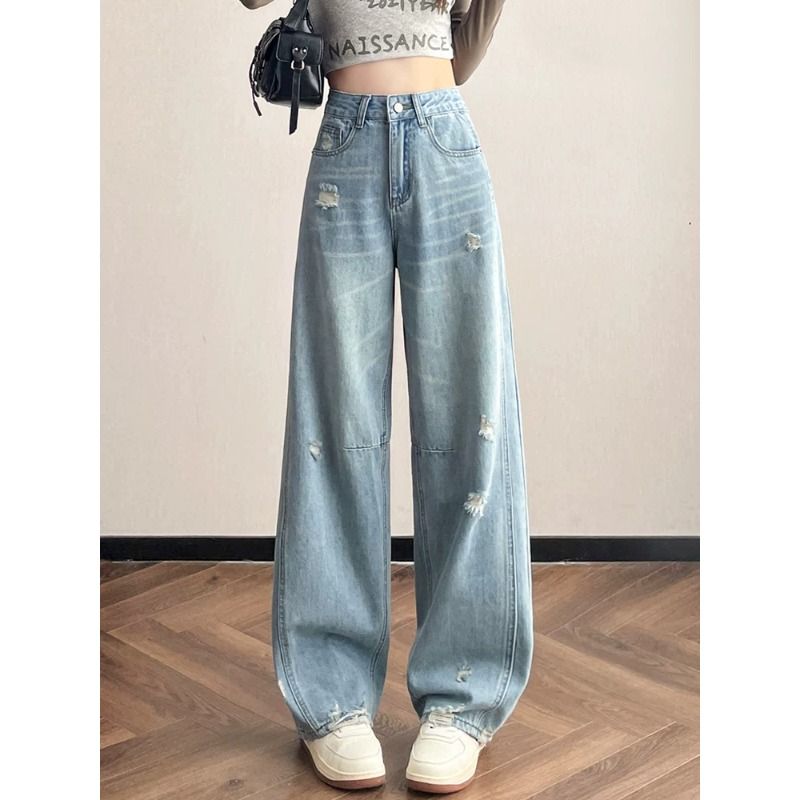 ハイウエスト ワイドレッグ デニム ジーンズ レディース 春夏 ルーズ ストレート カット ナイフエッジ パンツ 破れ穴 芸術的 レトロ