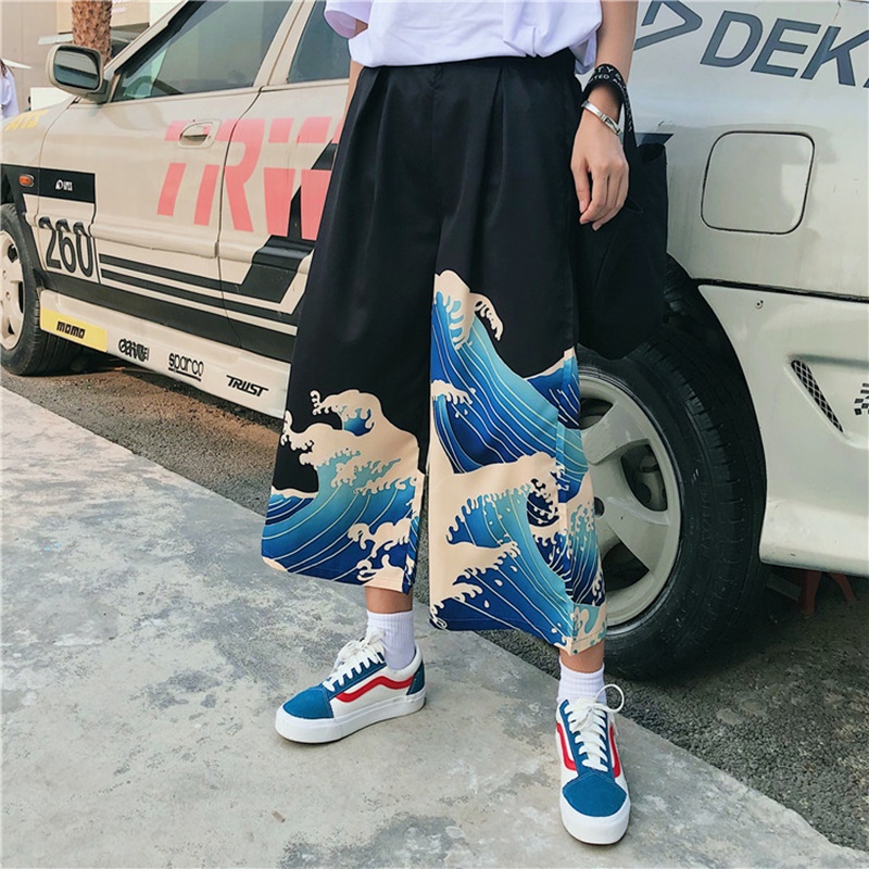 原宿日本 2021 夏鶴プリントビーチパンツファッション衣類アジアン服和風男性着物パンツ浴衣 KK4279