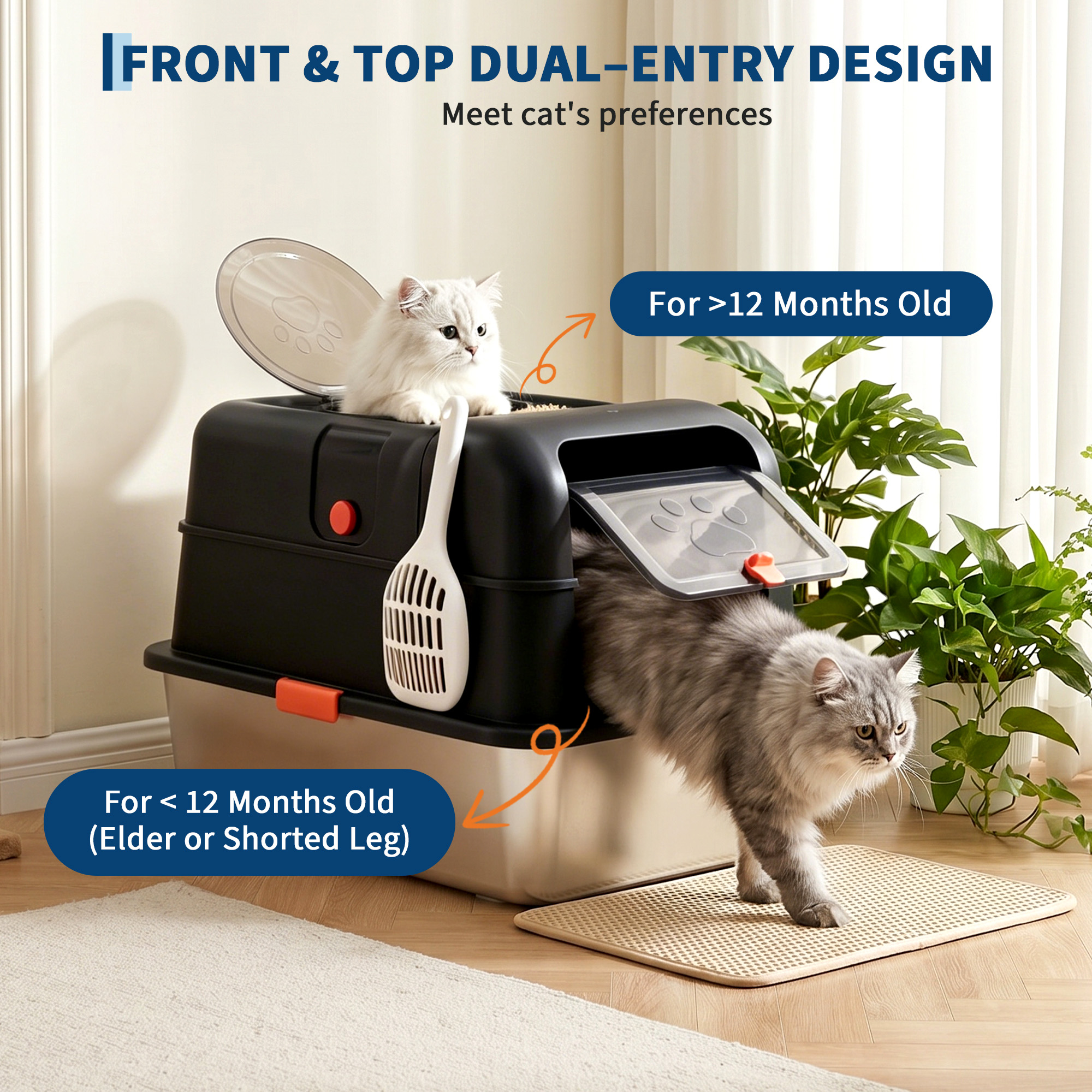 犬用トイレ 大型ステンレススチール猫用トイレ 蓋付き XL 密閉型金属製トイレ 正面入口上部出口 ハイサイド漏れ防止 大型猫用スクープ付き
