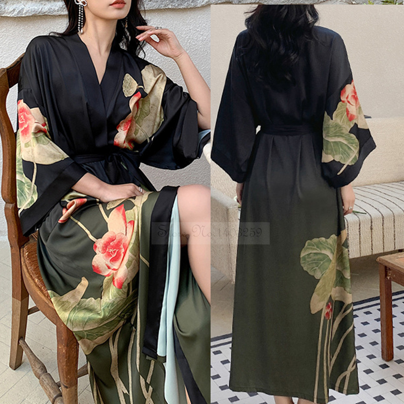 春夏新作女性ロングローブネグリジェセクシーなプリントフラワー着物バスローブガウンカジュアルシルクサテンホームドレスラウンジウェア