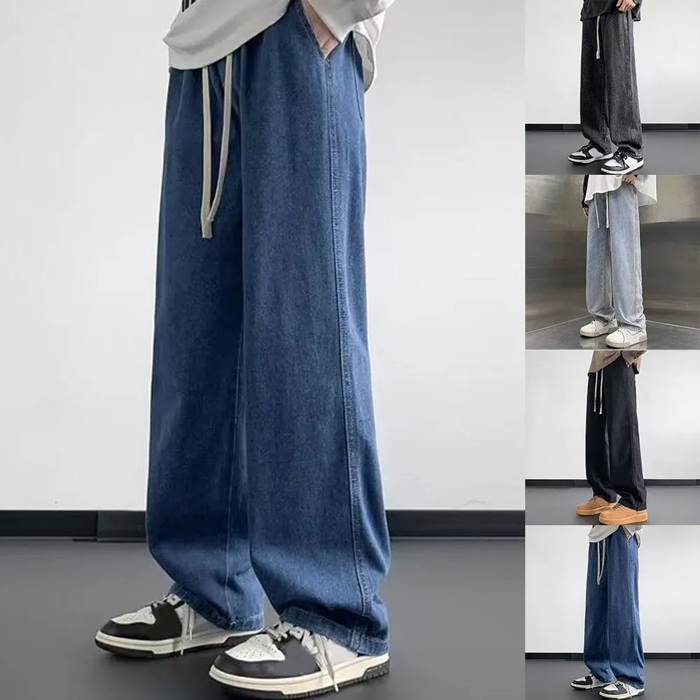 男性弾性巾着ワイドレッグジーンズルーズストレートハイウエストだぶだぶのデニムパンツストリートヒップホップズボン春